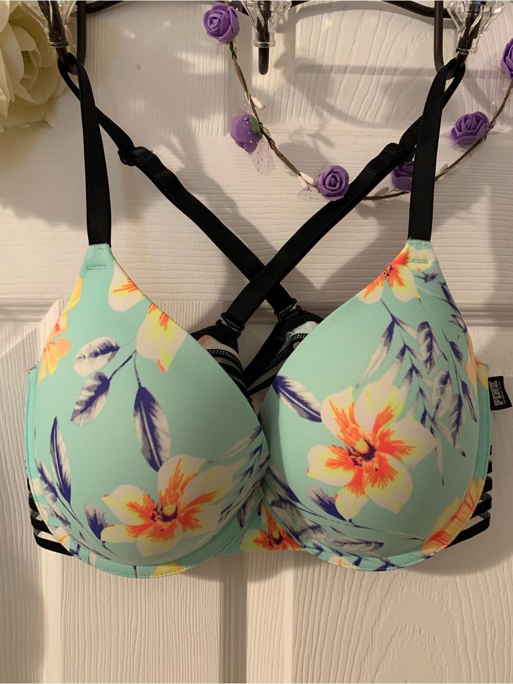 Victoria’s Secret PINK Floral Mint green WEAR EVERYWHERE PUSH UP BRA 36C